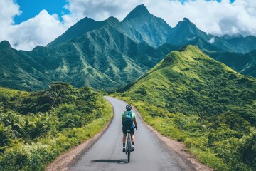 Cyclist on scenic mountain road.  Enjoy the breathtaking views and tranquil journey.