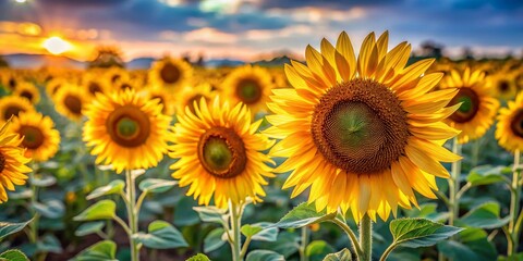 Obraz premium Vibrant Sunflower Field: Close-Up Documentary Photography