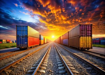 Fototapeta premium Vibrant Sunset Hues: Colorful Freight Containers on Railway Tracks