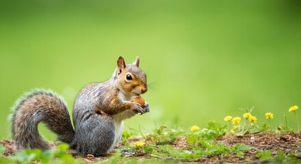 Gray squirrel eating nut on ground with yellow flowers in background