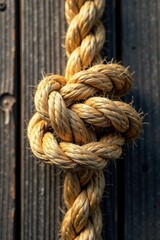 Obraz premium Close-up of rope knot on wooden texture with rope fibers, rope knots, fiber rope, rope patterns