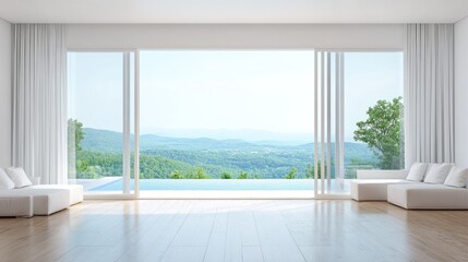 Obraz premium Modern Minimalist Living Room with Infinity Pool and Mountain View