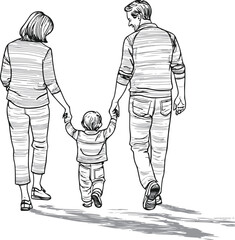Continuous line drawing of a cheerful family, parents and kid walking together, black and white vector sketch.eps