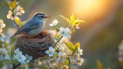 Obraz premium Small Bird Perched on Nest in Blossoming Tree
