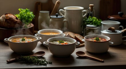 Assorted steaming bowls of soup, fresh bread, herbs on rustic kitchen table with cozy lighting