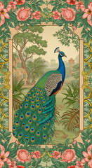 Mughal traditional garden with peacock, bird, flower and temple pattern