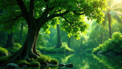 Fototapeta premium Exotic tree with leaves in a glass window reflection, tropical leaves, landscape, calm