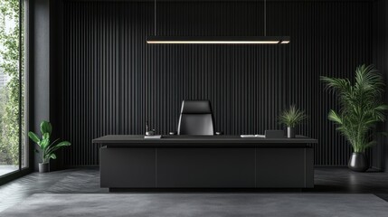 Modern Dark Office Interior Design: Sleek Black Desk and Office Chair with Plants