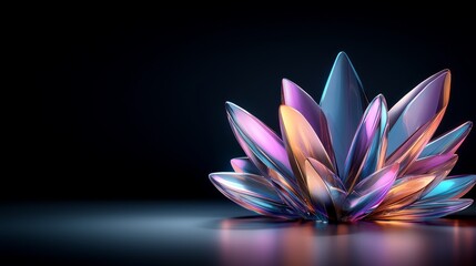 Abstract iridescent glass flower colorful 3D render glowing petals dark background digital art