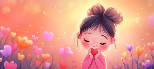 cartoon illustration, cute young girl close eyes smiling with heart floating around