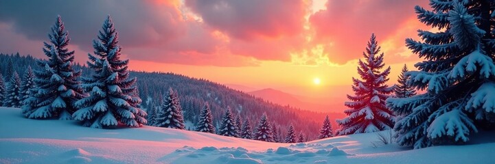 Fototapeta premium Frosty pines sway gently in the breeze during a serene winter sunset, calm, nature, pines