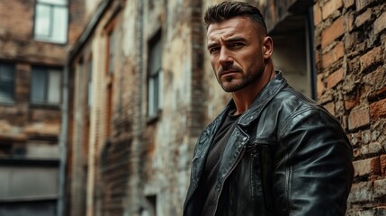 Man in Leather Jacket Stands in Urban Alleyway