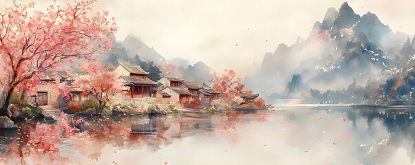 Asian village, cherry blossoms, mountain lake, spring scene, tranquil poster