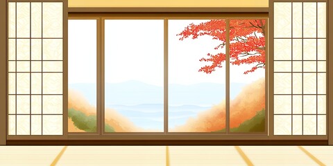 Serene Autumn Landscape Viewed Through Traditional Shoji Screen Room Window