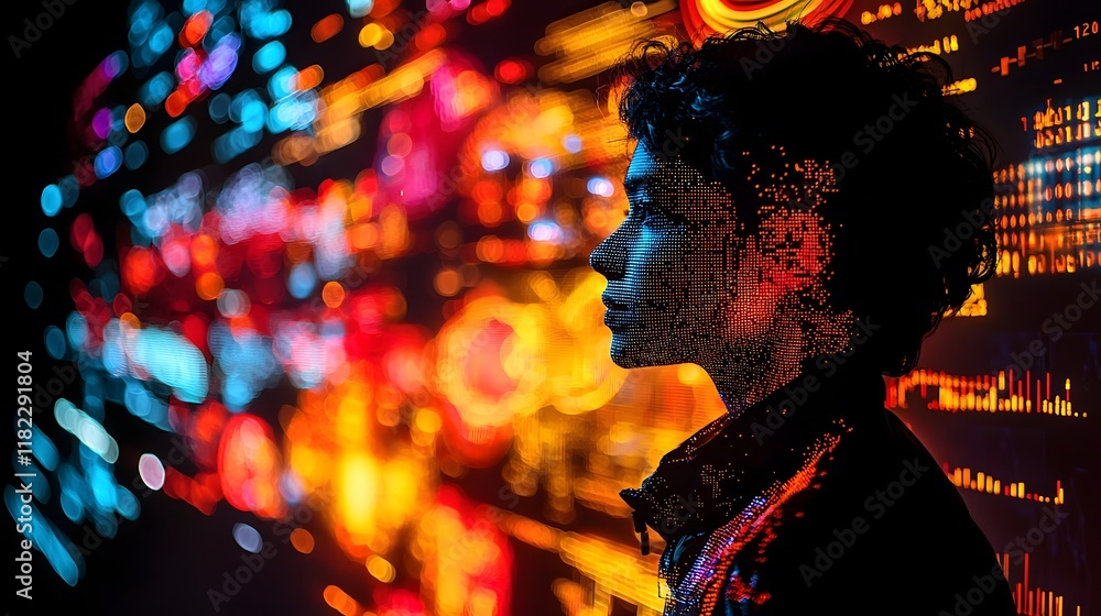 Poster hacker s face amid cybercrime data visualization backdrop representing digital security threats and 