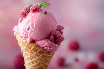 A delicious pink ice cream scoop in a waffle cone, garnished with raspberries and mint.
