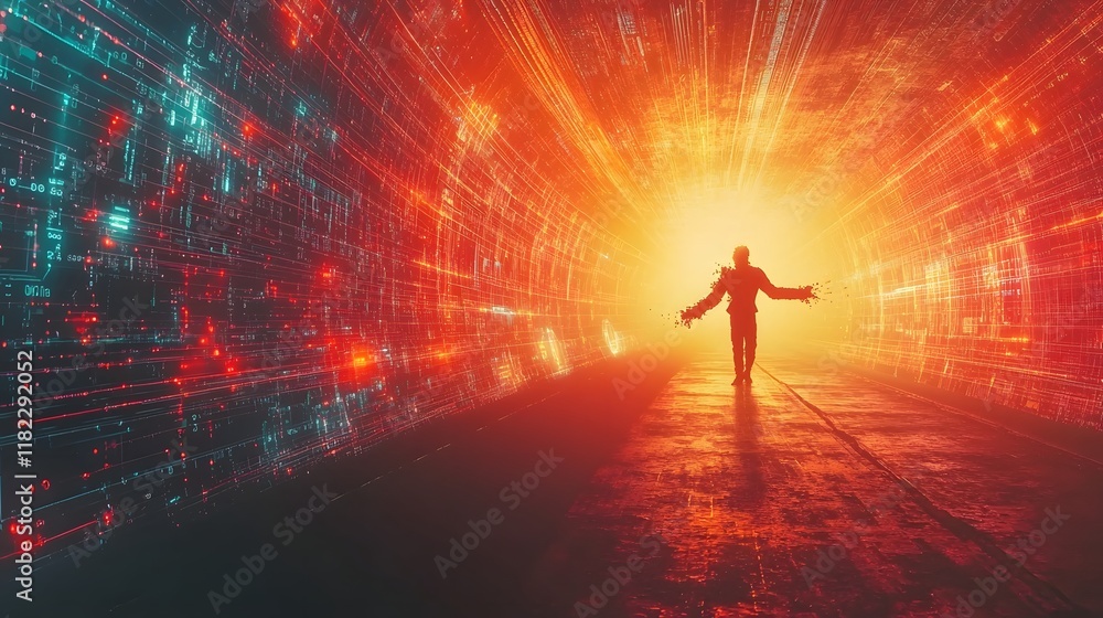 Poster a captivating image depicting a silhouetted figure breaking through a surging luminous data matrix s