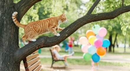 Obraz premium Orange tabby cat on tree branch in sunny park