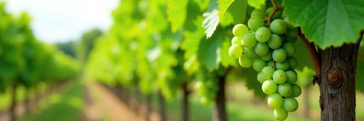 Green grape clusters hanging from a sturdy wooden trellis, wine, harvest