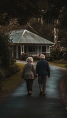 Obraz premium Elderly couple holding hands, strolling down a path towards a house.