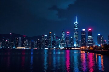 Fototapeta premium Dark carbon fiber background with futuristic cityscape at night, futuristic buildings, modern architecture, darkness