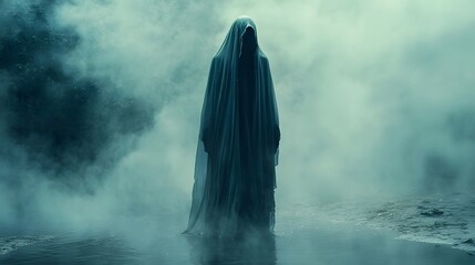 Eerily Mysterious Ghostly Apparition Emerging from the Misty Reflection of a Pond Shrouded in an Ominous Atmospheric Veil of Fog and Gloom
