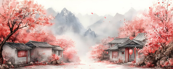 Misty mountain village with pink blossom trees and traditional houses.