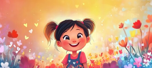 cartoon illustration, cute young girl smiling with heart floating around at night flower field  under starry sky