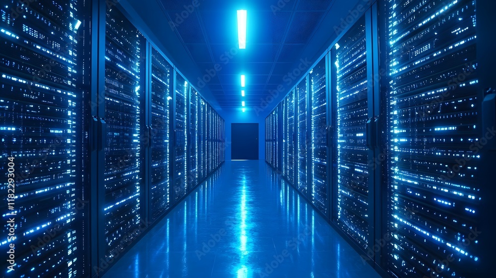 Poster futuristic data center with glowing servers and hardware powering business intelligence data analyti