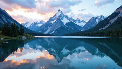 Fototapeta premium Majestic mountain peaks reflected in the calm surface of a river, reflection, peaceful
