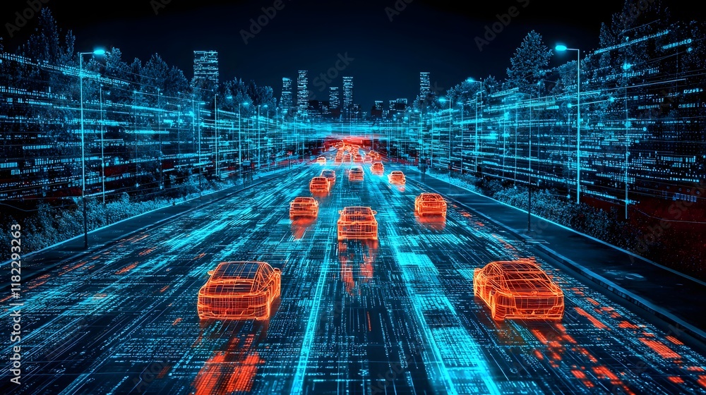 Poster high tech visualization of mega data being managed and analyzed in real time across a futuristic ill