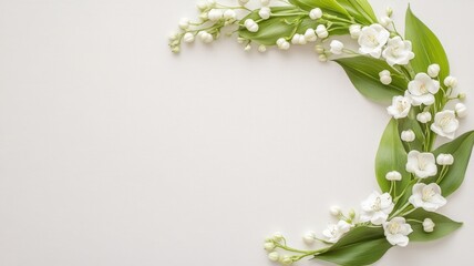 Fototapeta premium White background with a green leafy wreath. lily of the valley