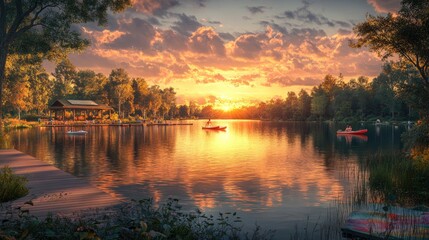 Obraz premium Idyllic Lake Vacation with Paddleboats, Scenic Trails, and Sunset Reflections