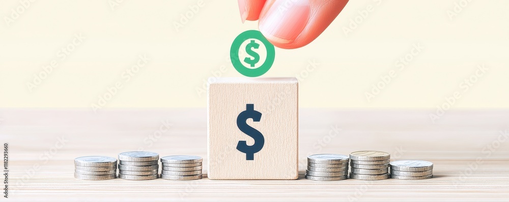 Poster hand placing icon on block with stacked coins background