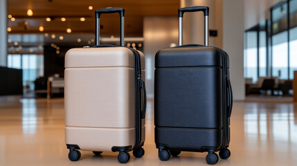 Two sleek, modern travel suitcases standing side by side.