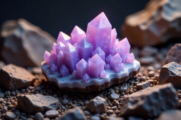 Mottled lavender crystal formation amidst rocky terrain, earthy tones, lavender crystal, geological formations