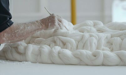 Artist at work, skilled hands meticulously carving intricate patterns into wood, showcasing dedication and artistry in each detailed stroke.