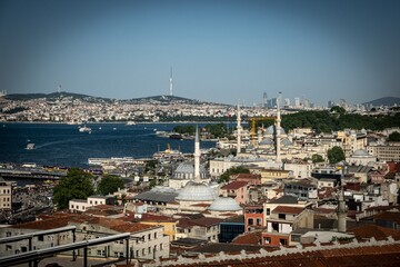 Aerial view of a vibrant Istanbul with Bosphorus and mosques. Turkey.