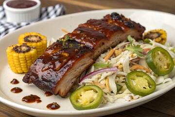 BBQ Pork Ribs with Coleslaw and Corn. Juicy BBQ pork ribs glazed with sauce, served with fresh coleslaw, jalape&ntilde;os, and grilled corn on a white plate