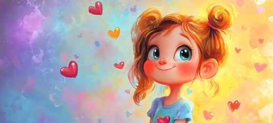 Fototapeta premium cartoon illustration, cute young girl smiling with heart floating around minimalist design