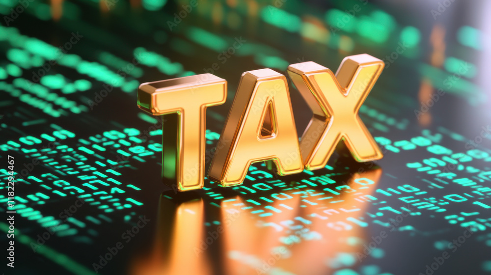 Aufkleber golden tax letters on digital background with glowing green binary code