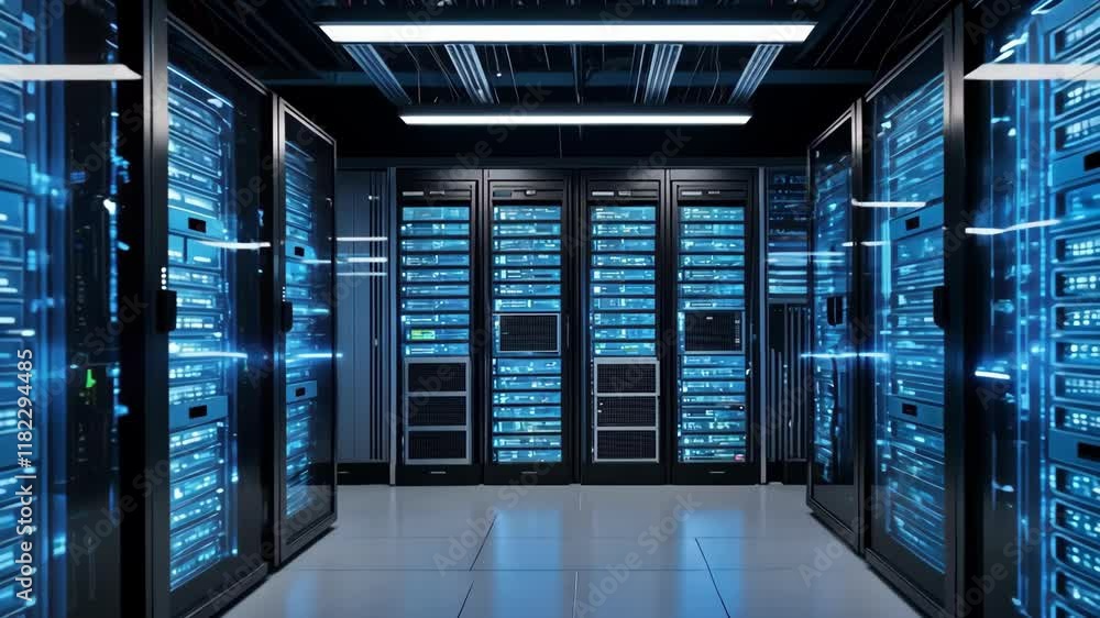 Poster high tech data center displays rows of servers with blue lights, emphasizing technology, connectivit