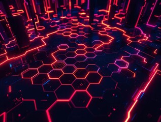 Fototapeta premium Abstract labyrinth glowing neon hexagons dark cyberpunk color palette dynamic futuristic maze perfect for tech sci-fi and gaming designs