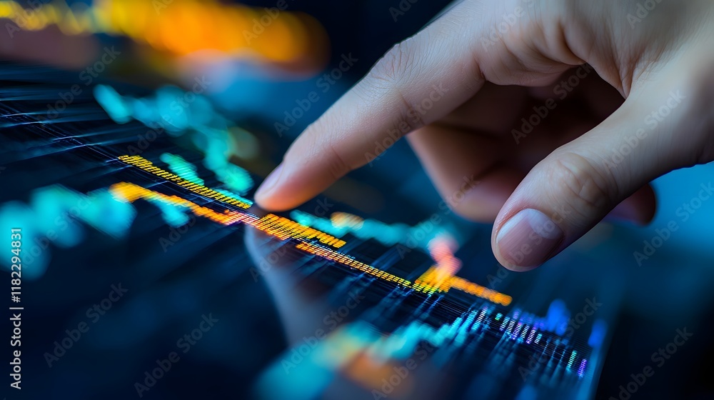 Poster close up view of a hand pointing at a financial or business data analysis graph or chart during a da
