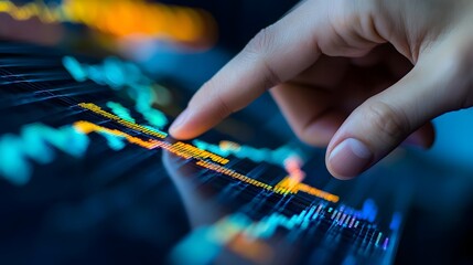 Close up view of a hand pointing at a financial or business data analysis graph or chart during a data driven strategy session or presentation  Concept of data driven decision making
