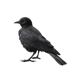 Fototapeta premium A solitary black bird stands, showcasing detailed feathers and intense gaze.