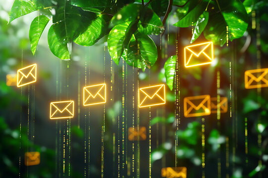 glowing digital envelope icons suspended in mid-air, surrounded by vertical data streams and green foliage, blending technology with nature in a futuristic style