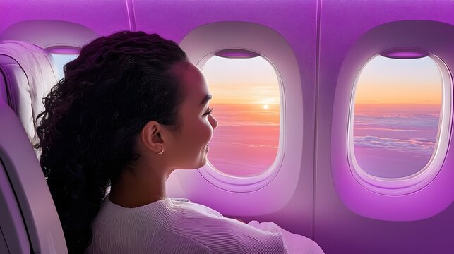 Passenger gazes in awe at the breathtaking sunset sky and scenery through the window of an airplane during an aerial adventure and travel experience