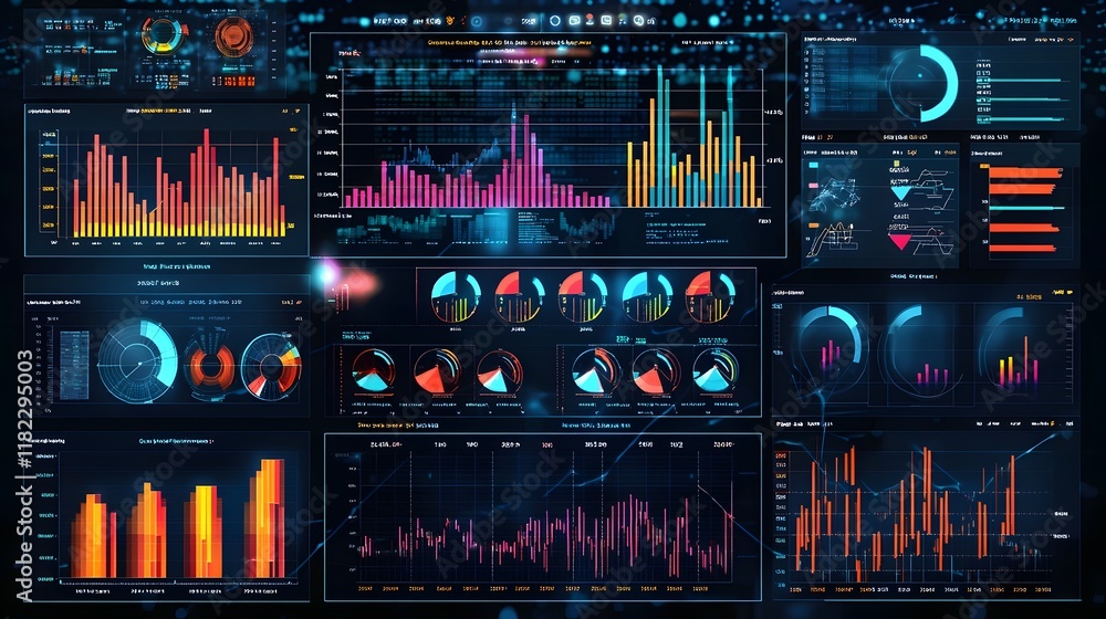 Poster futuristic digital analytics dashboard with comprehensive data visualization and insights for inform