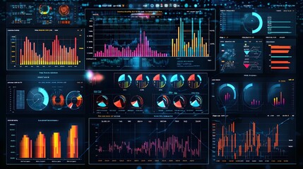 Futuristic digital analytics dashboard with comprehensive data visualization and insights for informed decision making strategic planning and performance tracking  Complex charts graphs